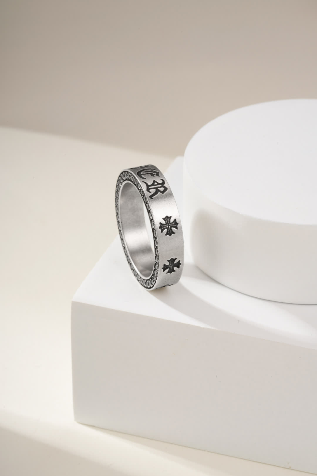 Chrome Hearts Silver Ring with Crosses and Engraving